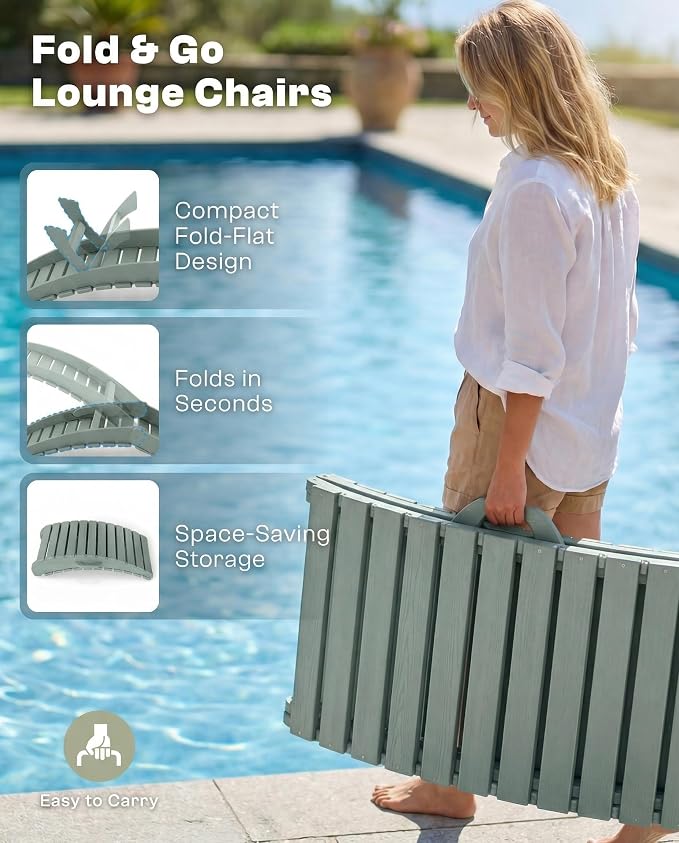 Folding HDPE Pool Lounge Chairs Set of 4, Pre-Assembled Outdoor Chaise Lounge - Image 3