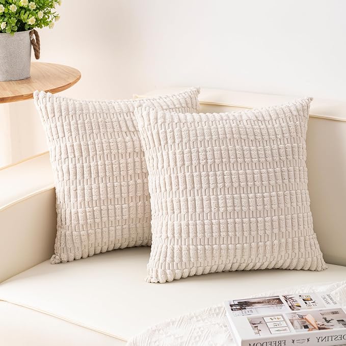 Pack of 2 Corduroy Decorative Throw Pillow Covers 24x24 Inch, Cream White | by Unknown