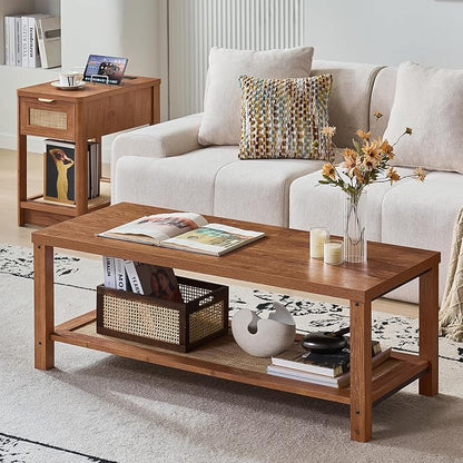 Lerliuo Boho Coffee Tables for Living Room, Rattan Center Table by Lerliuo