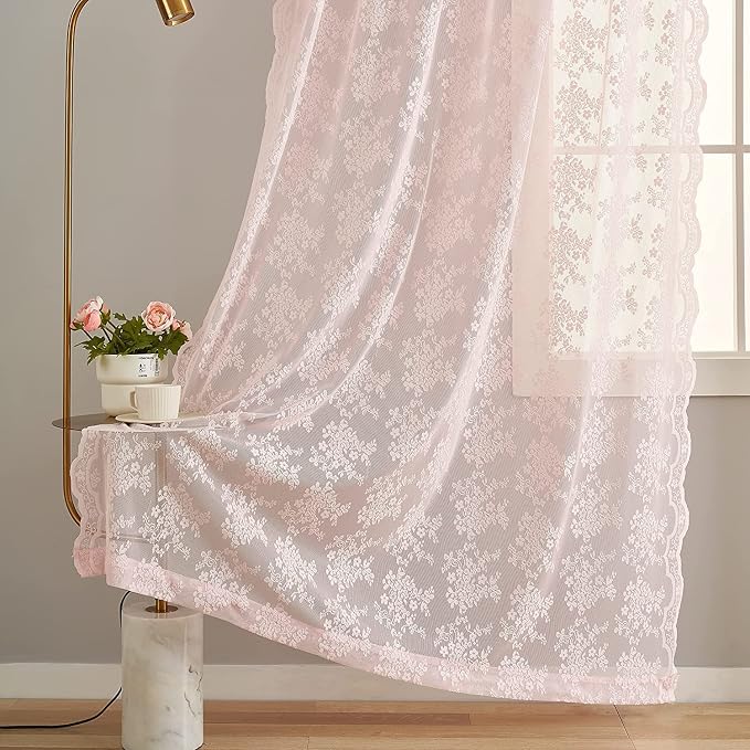 YJ YANJUN Vintage Lace Curtains Elegant Floral Pink Sheer French Door Curtains - Image 5