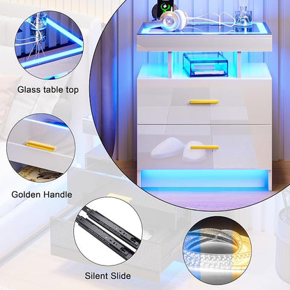 HNEBC LED Nightstand with Charging Station High Gloss Bedside Table with 2 - Image 7
