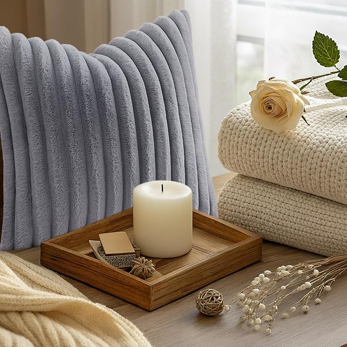 decorUhome Fall Faux Fur Throw Pillow Covers 24x24 Set of 2 Grey | Decorative - Image 9