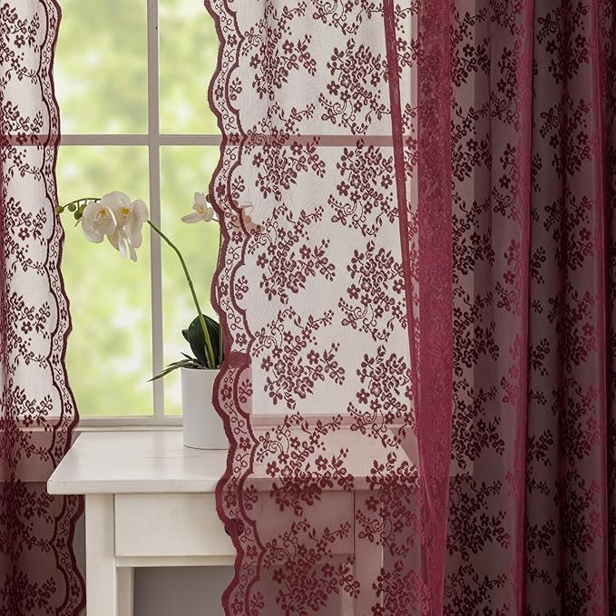 YJ YANJUN Vintage Lace Curtains 72 Inch Length -Dark Maroon Curtains - Image 2