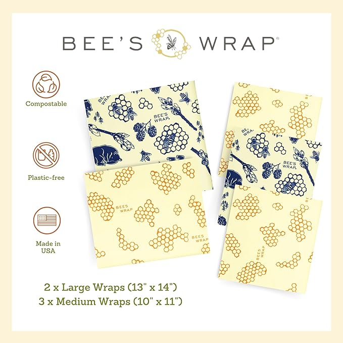 Bee's Wrap Beeswax Wraps for Food - Made in USA Reusable & Organic Food Wraps & Bowl Covers - Eco-Friendly Alternative to Aluminum Foil, Honeycomb & Bees + Bears Assorted 5 Pack (2L, 3M)