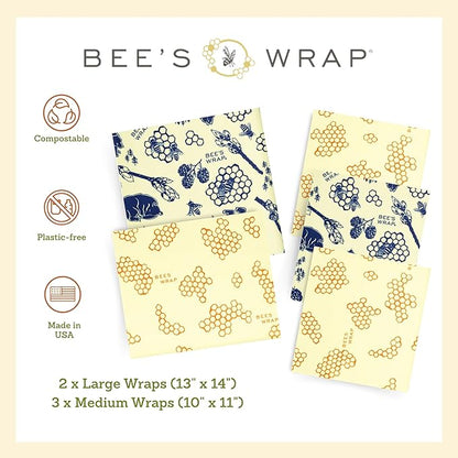 Bee's Wrap Beeswax Wraps for Food - Made in USA Reusable & Organic Food Wraps & Bowl Covers - Eco-Friendly Alternative to Aluminum Foil, Honeycomb & Bees + Bears Assorted 5 Pack (2L, 3M)