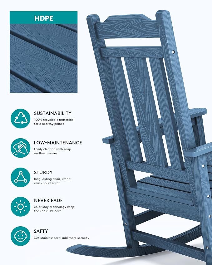 SERWALL Blue Outdoor Rocking Chair Set of 2, All Weather Patio Rocking Chair - Image 3