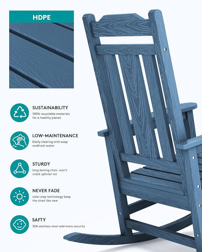 SERWALL Blue Outdoor Rocking Chair Set of 2, All Weather Patio Rocking Chair - Image 3