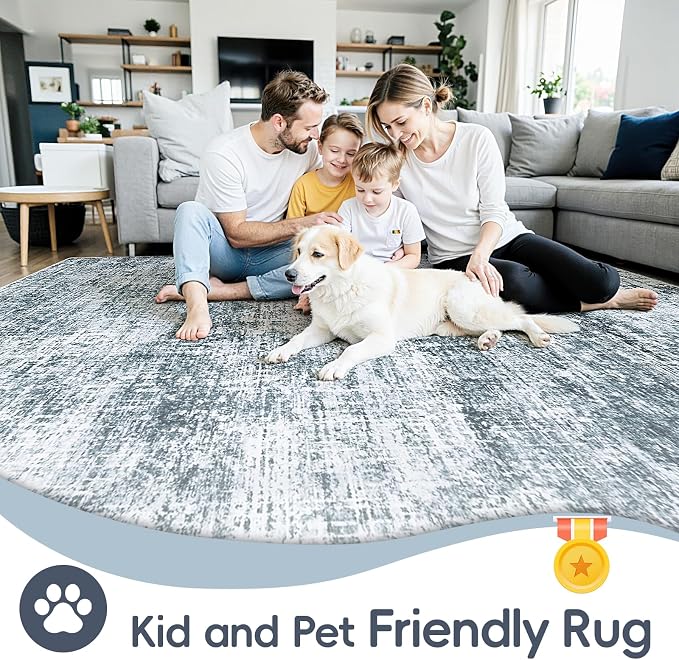 6x9 Area Rug for Living Room Bedroom: Non-Slip Modern Light Slate Blue | - Image 4