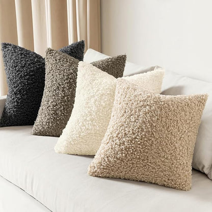 Faux Fur Throw Pillow Covers 18x18 Inch Set of 2 Boucle Neutral Decorative - Image 3