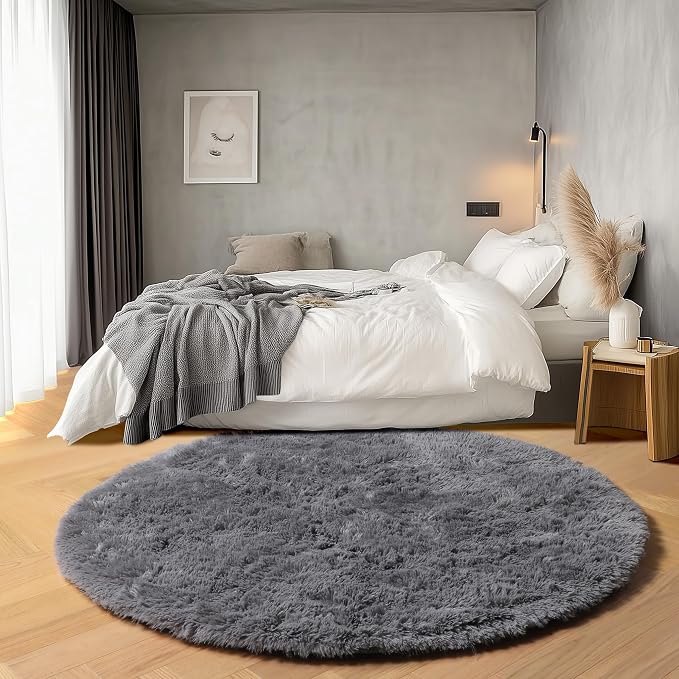 Grey Round Area Rugs 5ft, Fluffy Plush Shaggy Carpet - Image 4