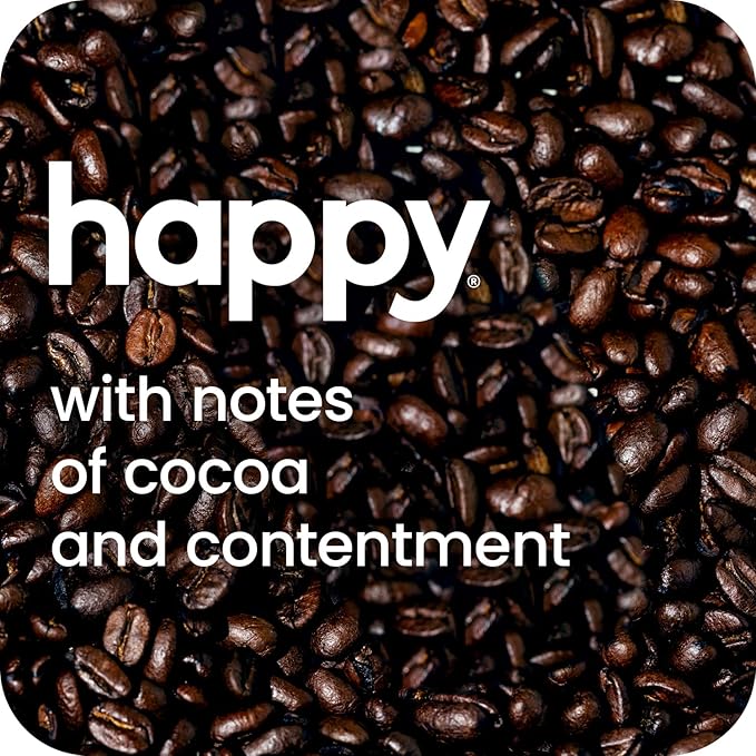happy coffee dark roast coffee pods, 60 count, notes of cocoa & contentment, compatible with most K-cup brewers, rainforest alliance certified
