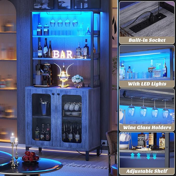 Aheaplus Bar Cabinet with Power Outlets, 67" Tall Wine Bar Cabinet Liquor Cabinet with LED Lights and Glass Holder, Coffee Bar Station for Living Room, Microwave Stand Bakers Rack Cabinet, White Oak