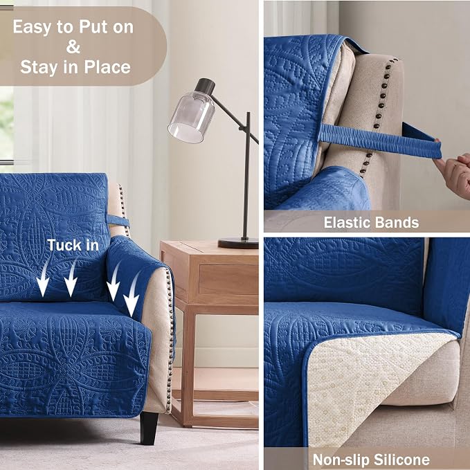 Blue Quilted Recliner Covers, Waterproof Recliner Chair Covers, Lazy Boy Chair - Image 4