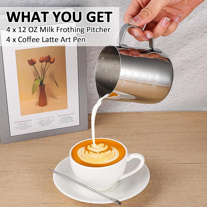 4 Pcs Stainless Steel Espresso Milk Frothing Pitcher Set with Latte Art Pen, 12 oz Milk Frother Cup, Frothing Cup for Cappuccino, Latte, Home & Cafe Use