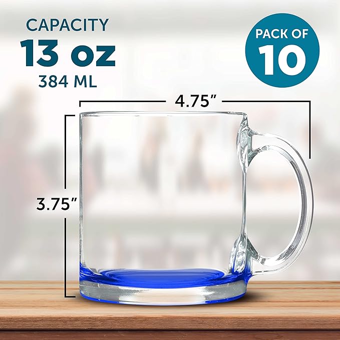 Libbey Clear Glass Coffee Mugs 13 oz. Set of 10, Bulk Pack - Perfect for Coffee, Tea, Espresso, Hot Cocoa, Other Beverages - Blue Bottom
