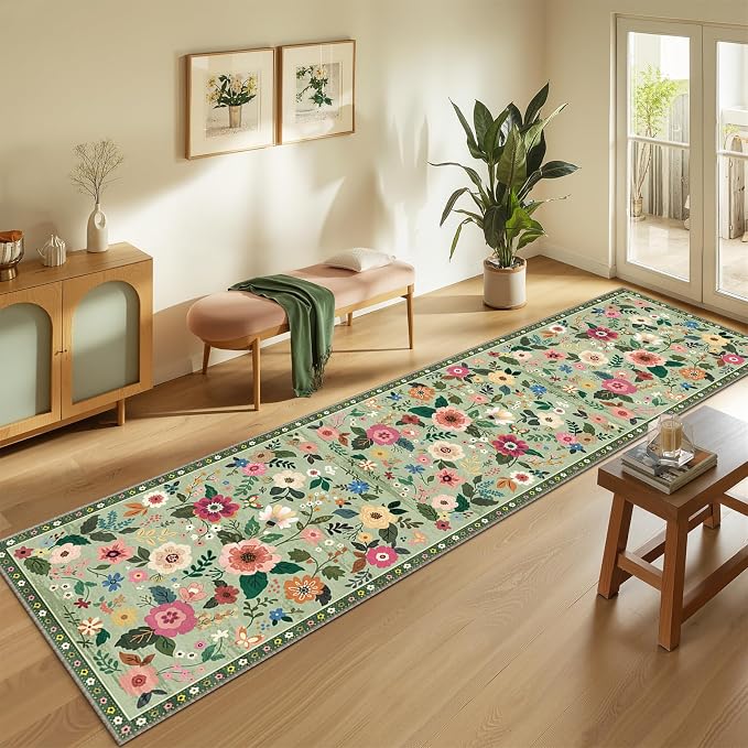 Floral Washable 2x10 Area Rugs Runner Entryway Hallway LightGreen | Flower - Image 2
