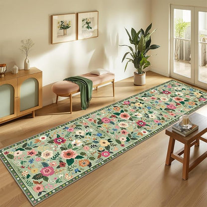 Floral Washable 2x10 Area Rugs Runner Entryway Hallway LightGreen | Flower - Image 2