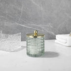 Glass Jar with Metal Lid for Bathroom Organization, Clear Apothecary Jar for Cotton Balls, Q Tips, and Small Accessories, Stylish Bathroom Storage Container Sage Green, Gold