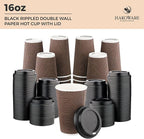 [340 SET]Harvest Pack 16 oz Disposable Coffee Cups, Insulated Ripple Double-Walled Paper Cups with Lids, Brown Geometric, Bulk Drinking Cups for Tea Hot Chocolate Drinks To go coffee cups