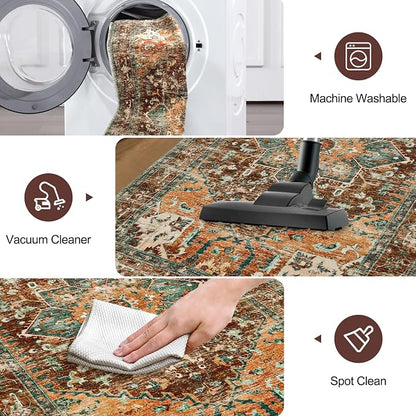 Yamaziot Washable Runner Rug, 3x6 Non-Slip Boho Vintage Hallway Kitchen Rug | - Image 5