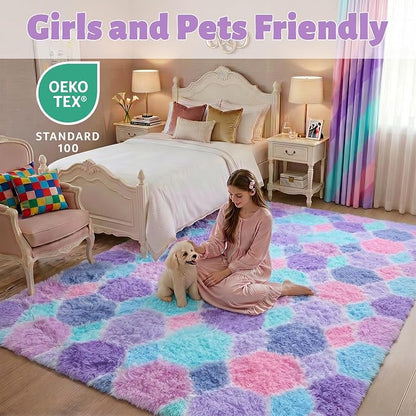 Checkered 6x9 Area Rugs for Living Room, Fluffy Purple Rainbow Girls Rug | Soft - Image 6