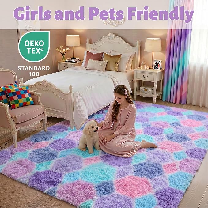 Checkered 8x10 Area Rugs for Living Room, Fluffy Purple Rainbow Girls Rug | - Image 7