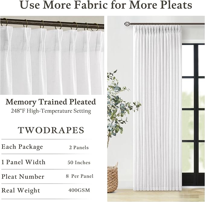 84 Inches Pinch Pleated White Linen Light Filtering Boho Curtains 2 Panels | - Image 5