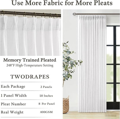 Extra Long Semi Sheer Pinch Pleat Linen Modern Curtains Snow White 50Wx120L | - Image 4