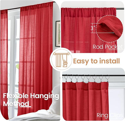 BGment Red Linen Curtains for Living Room 84 Inch Length - Image 6
