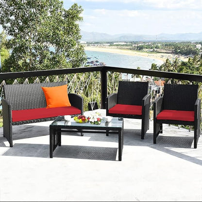 Tangkula Patio Wicker Conversation Furniture Set, Patiojoy Sofa & Table Set w/4 - Image 3