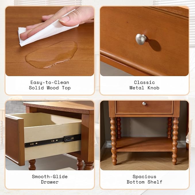 AMERLIFE 24" Wooden Nightstand, Vintage Bedside Table - Image 5