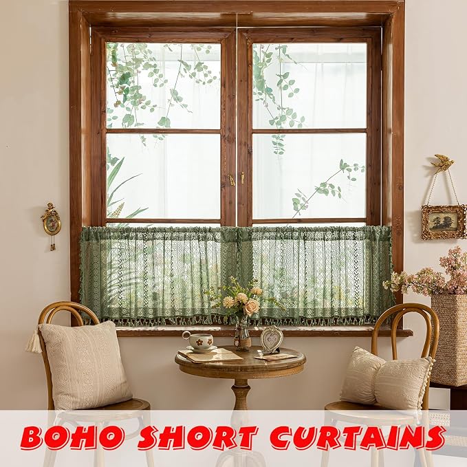 Sutuo Home Olive Green Boho Window Curtains Valance 18 inches Long 2 Panels - Image 4