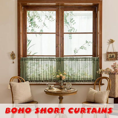 Sutuo Home Olive Green Boho Window Curtains Valance 18 inches Long 2 Panels - Image 4