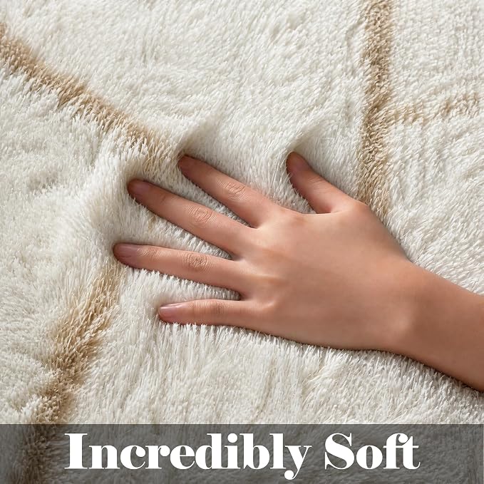 5x7 Area Rugs for Living Room Bedroom, Fluffy White and Beige Geometric Rug | - Image 2