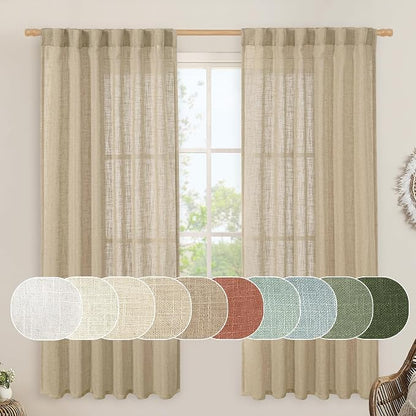 Linen Semi Sheer Curtains for Bedroom 72 Inch Length 2 Panels | Faux Linen by LAMIT