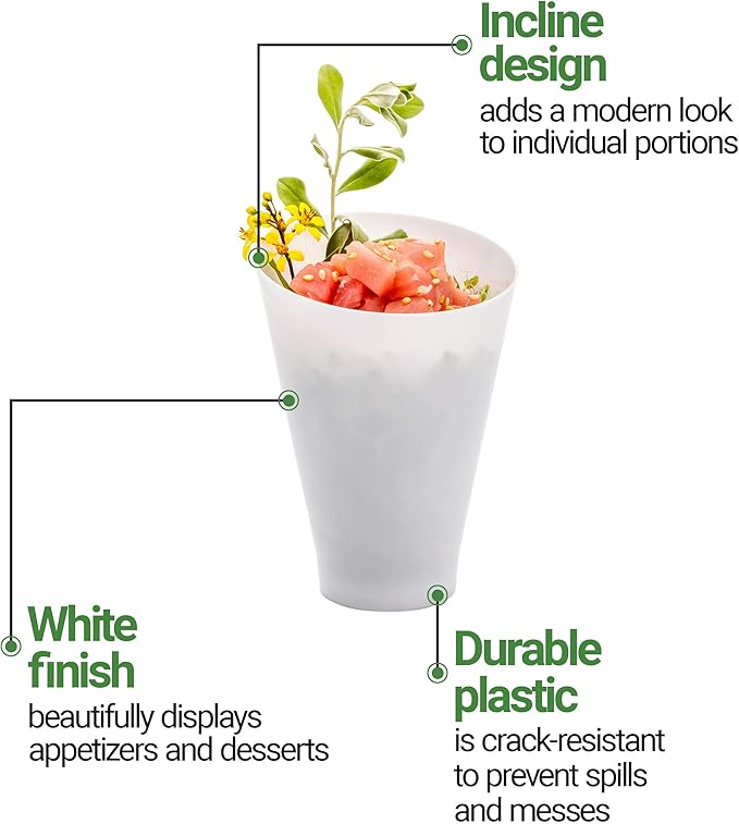 Restaurantware 7 Ounce Plastic Glasses 100 Round Incline Shooter Cups- Disposable Small White Plastic Round Bowls Unique Design For Soups Appetizers Or Desserts