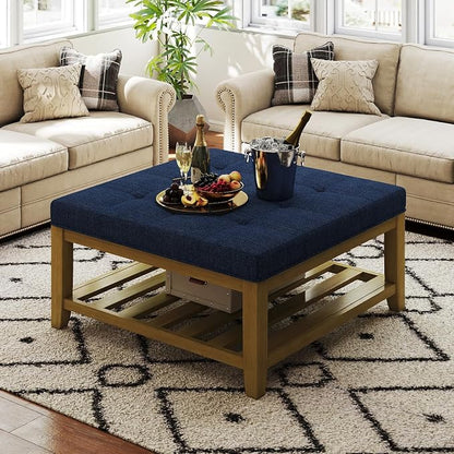 Befurtori Large Square Ottoman Coffee Table, Linen Solid Upholstered Footrest by Befurtori