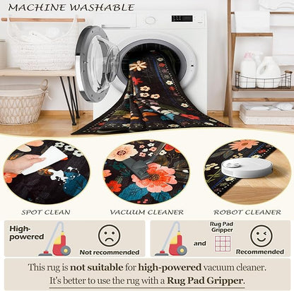 RELEANY Floral Washable Round 8ft Area Rug Black | Flower Carpet Print Boho - Image 4