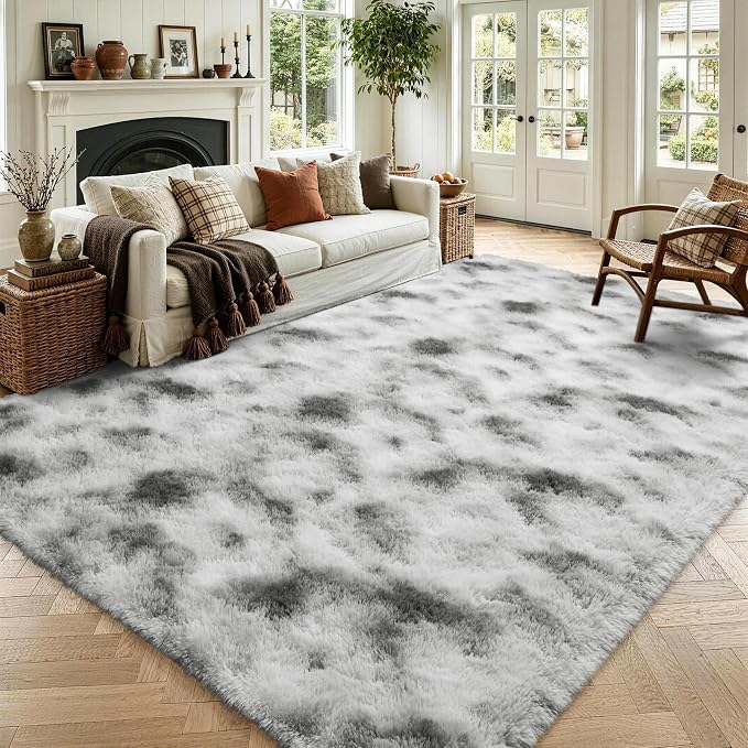 Noahas 5x7 Tie-Dyed Grey and White Fluffy Area Rug Non-Slip by ModernHomeDecor