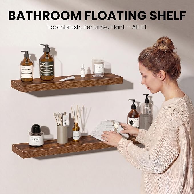 Fun Memories Floating Shelves for Wall, 12 Inch Set of 3 Rustic Wood Wall - Image 3