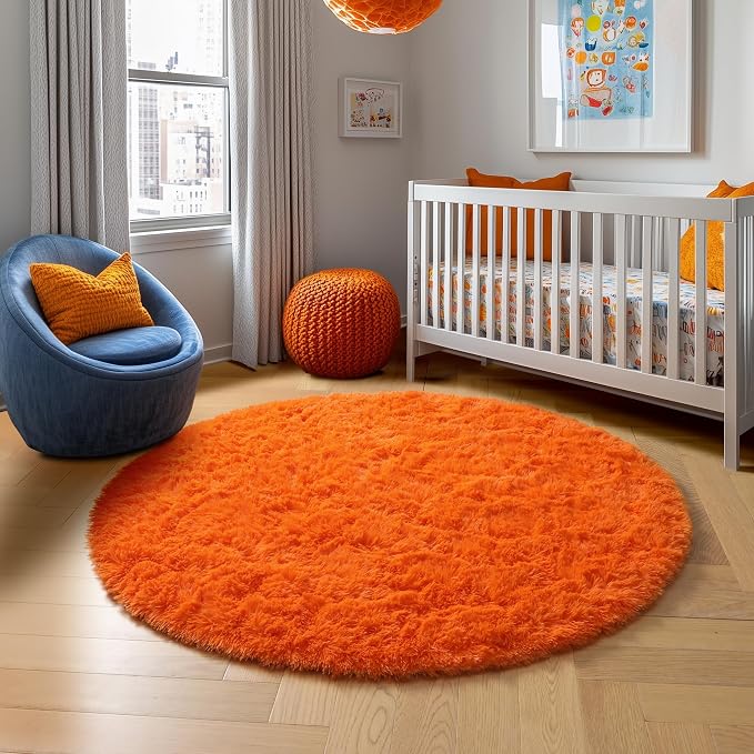 Amdrebio Orange Large Round Shaggy Area Rug 6Ft - Image 8