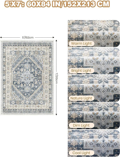 Area Rugs 5x7 Washable Rugs for Living Room, Ultra-Thin Soft Floral Vintage - Image 2