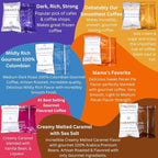 Ground Coffee | Gift Set Sampler Pack Variety Medium, Dark, & Flavored Roast Low Acid Mold Free Pouches | Gourmet Bulk Packets | Highest Rated Individual Premeasured Powder Bags for 12 Cup Drip Maker