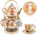 Zhehao 20 Pcs Porcelain Tea Set with Metal Holder and Spoon Adult Ceramic Tea Party Set European Flower Painting Teapot Cup Saucer Spoon Set for Women, Large Version(Stylish Style)
