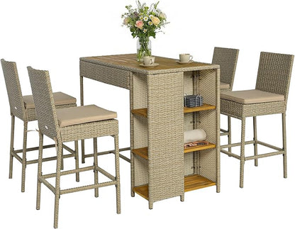 Outsunny 5 Piece Outdoor Bar Set, Wicker Outdoor High Top Table and Chairs by Outsunny