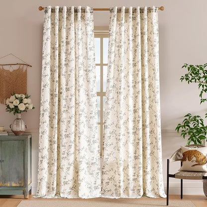 Grey Vintage Floral Linen Curtains Farmhouse 50W X 96L 2 Panels | Elisa Series - Image 2