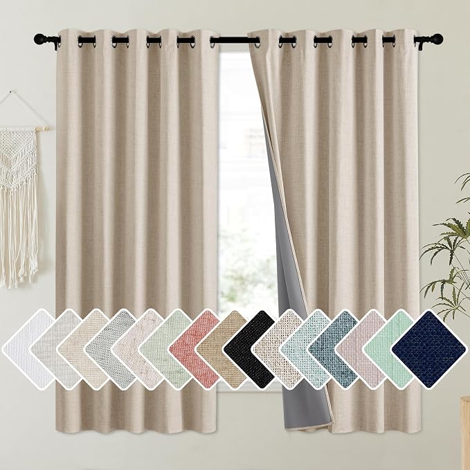 NICETOWN Cream 100% Blackout Linen Curtains 63 inch Long Burg by NICETOWN