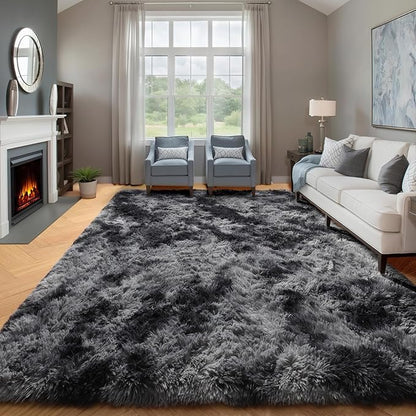 6x9 Area Rugs for Living Room Bedroom, Tie-Dyed Dark Grey Large Fluffy Bedside by ONASAR
