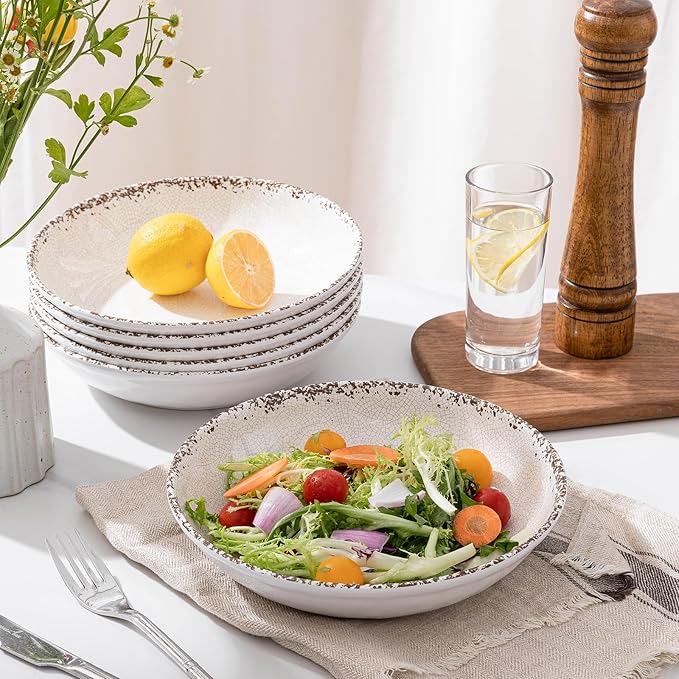 Rustic White Melamine Pasta Bowls, 6 Pack 9.25 inch Serving Bowls, Wide and Shallow All-purpose Bowl, Unbreakable Kitchen Bowls for Salad, Pasta, Ramen, Soup, Noodle, Fruit. Dishwasher Safe…