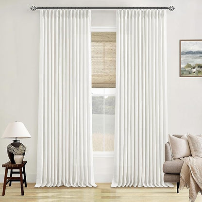 Beige White Pinch Pleated Linen Curtains 92 Inches Long 2 Panels | Memory - Image 8